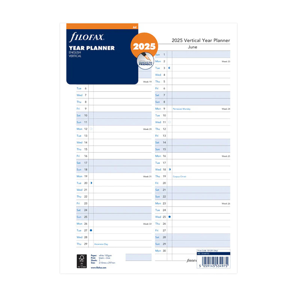 Filofax Vertical Year Planner A4 2025 English